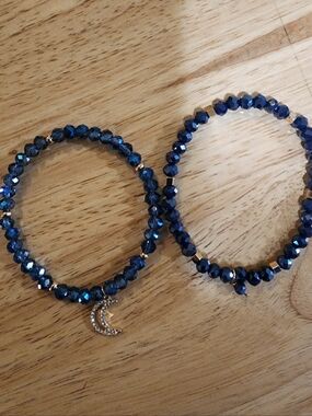 Blue Crystal Beaded Stretch Bracelet Set with Crescent Moon Charm